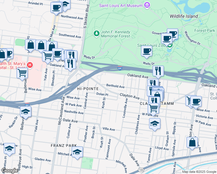 map of restaurants, bars, coffee shops, grocery stores, and more near 6661 Berthold Avenue in St. Louis