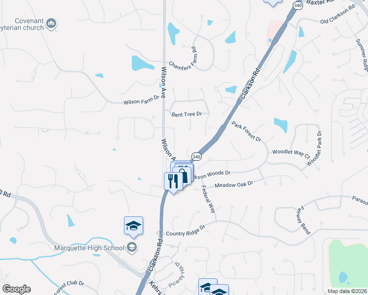 map of restaurants, bars, coffee shops, grocery stores, and more near 16217 Wilson View Estates Drive in Chesterfield