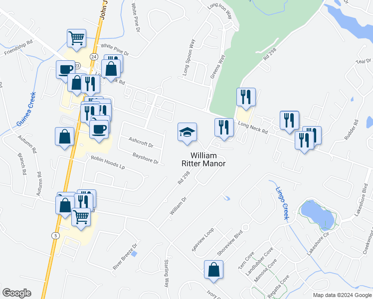 map of restaurants, bars, coffee shops, grocery stores, and more near 26064 School Lane in Millsboro