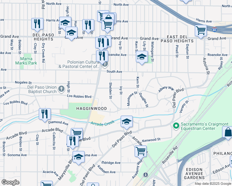 map of restaurants, bars, coffee shops, grocery stores, and more near 3424 Christie Court in Sacramento