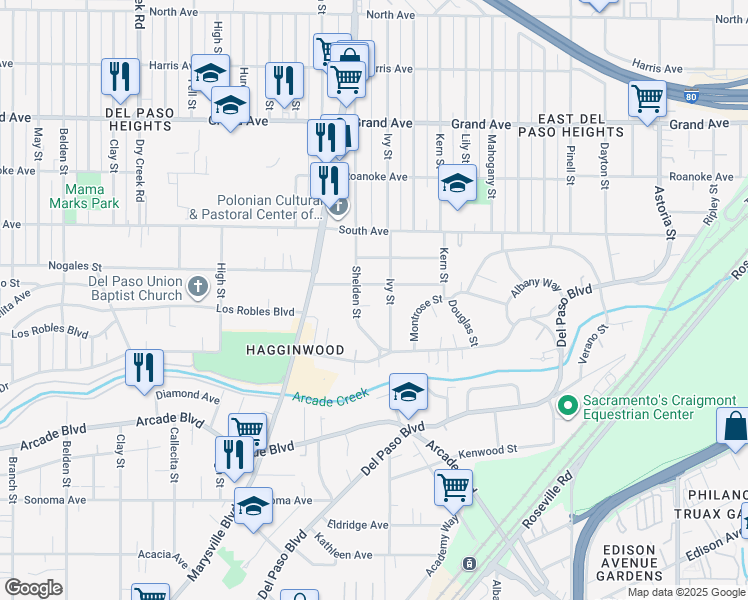 map of restaurants, bars, coffee shops, grocery stores, and more near 3424 Christie Court in Sacramento