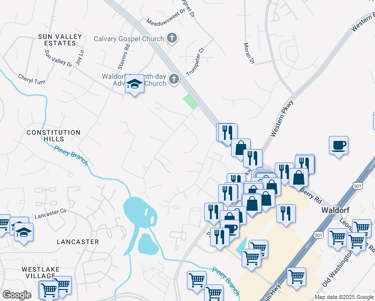 map of restaurants, bars, coffee shops, grocery stores, and more near 11207 Bel Aire Court in Waldorf