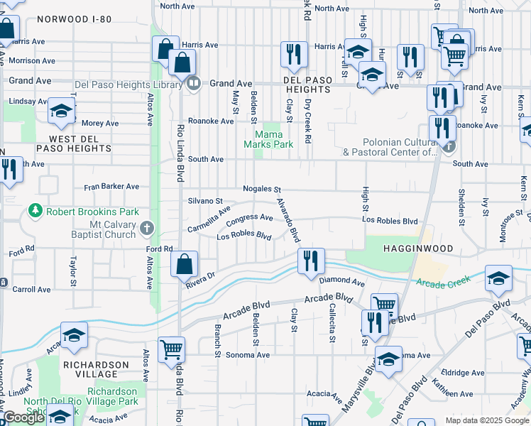 map of restaurants, bars, coffee shops, grocery stores, and more near 1104 Carmelita Avenue in Sacramento