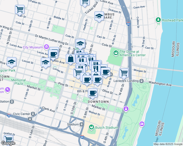 map of restaurants, bars, coffee shops, grocery stores, and more near in St. Louis