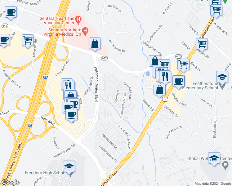 map of restaurants, bars, coffee shops, grocery stores, and more near 2263 Oberlin Drive in Woodbridge