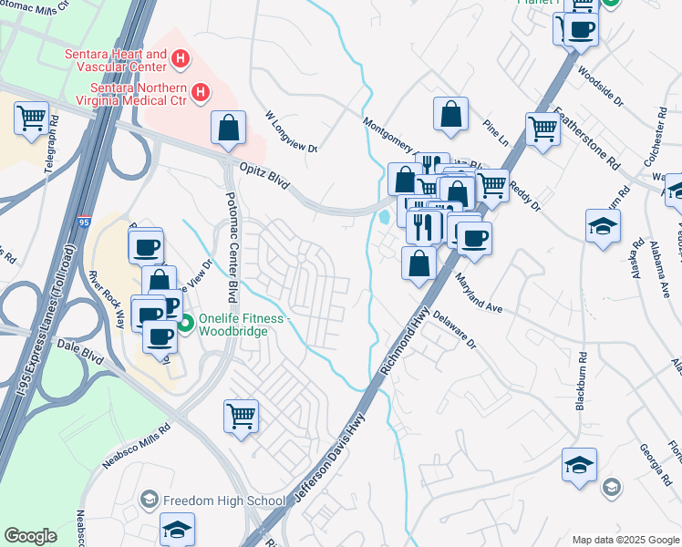 map of restaurants, bars, coffee shops, grocery stores, and more near 2226 Greywing Street in Woodbridge