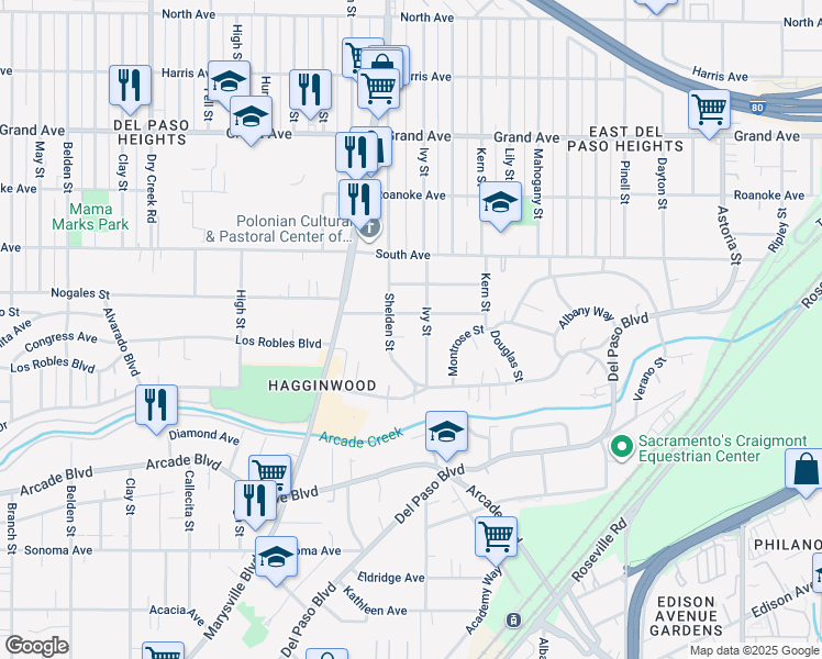map of restaurants, bars, coffee shops, grocery stores, and more near 3424 Christie Court in Sacramento
