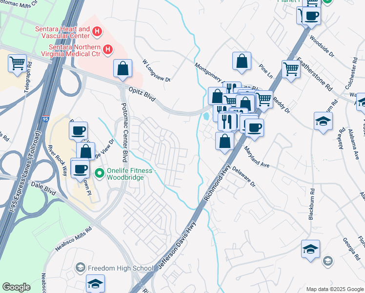 map of restaurants, bars, coffee shops, grocery stores, and more near 2226 Greywing Street in Woodbridge