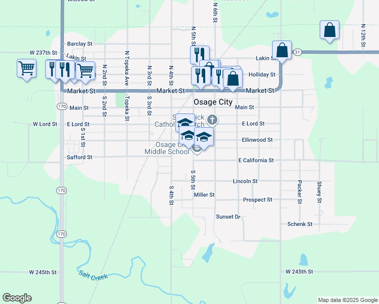 map of restaurants, bars, coffee shops, grocery stores, and more near 420 South 4th Street in Osage City