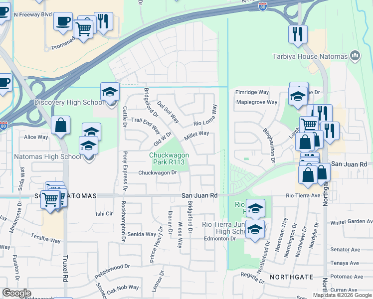 map of restaurants, bars, coffee shops, grocery stores, and more near 3462 Bridgeford Drive in Sacramento