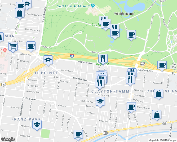 map of restaurants, bars, coffee shops, grocery stores, and more near 6464 Oakland Avenue in St. Louis