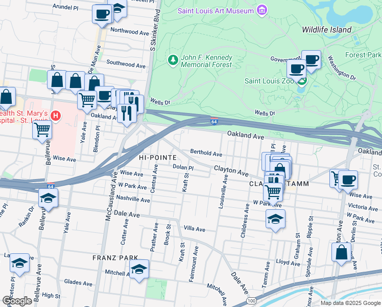 map of restaurants, bars, coffee shops, grocery stores, and more near 6661 Berthold Avenue in St. Louis
