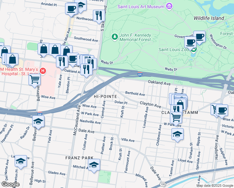 map of restaurants, bars, coffee shops, grocery stores, and more near 6701 Clayton Avenue in St. Louis