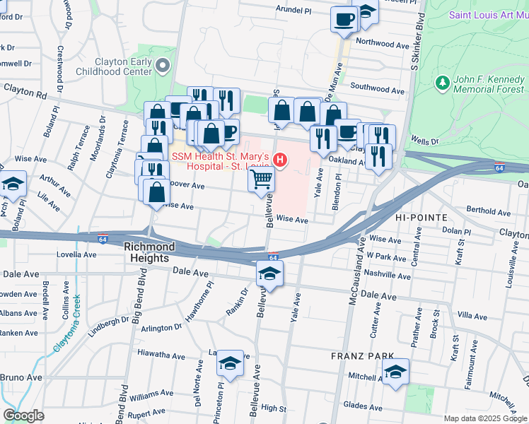 map of restaurants, bars, coffee shops, grocery stores, and more near in Richmond Heights