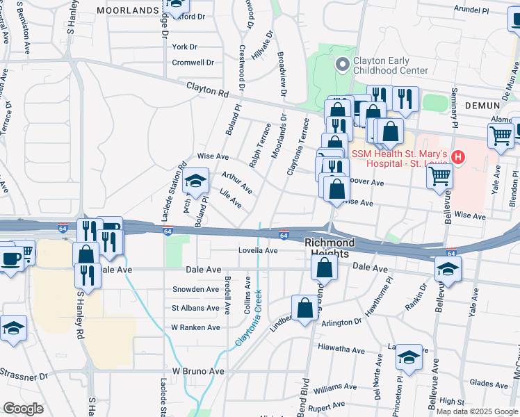 map of restaurants, bars, coffee shops, grocery stores, and more near 1220 Moorlands Drive in Richmond Heights