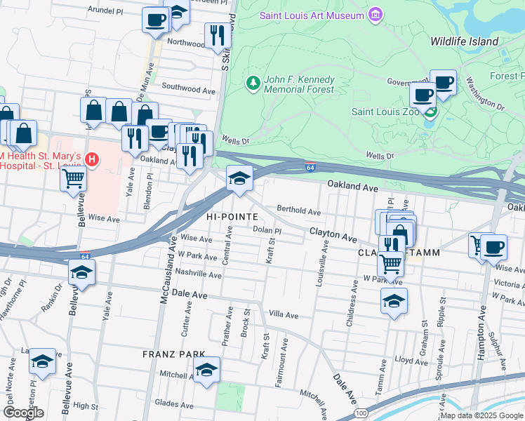 map of restaurants, bars, coffee shops, grocery stores, and more near 6701 Clayton Avenue in St. Louis