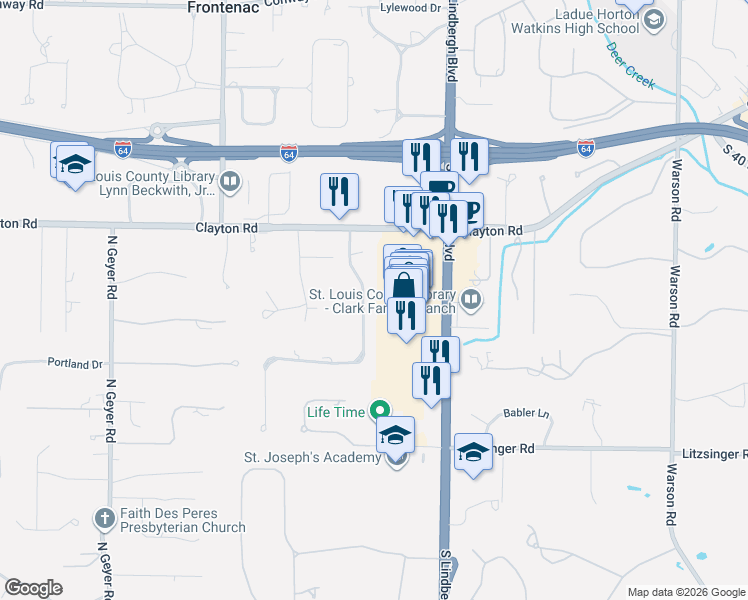 map of restaurants, bars, coffee shops, grocery stores, and more near 1673 Frontenac Woods Lane in Frontenac