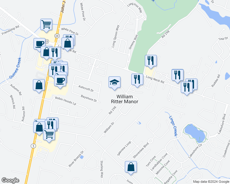 map of restaurants, bars, coffee shops, grocery stores, and more near 26064 School Lane in Millsboro