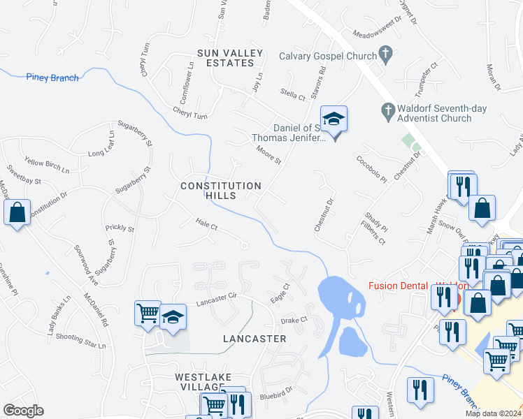 map of restaurants, bars, coffee shops, grocery stores, and more near 10910 Madison Place in Waldorf