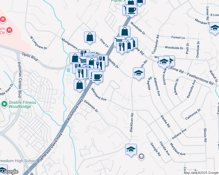 map of restaurants, bars, coffee shops, grocery stores, and more near 1977 Knoll Top Lane in Woodbridge
