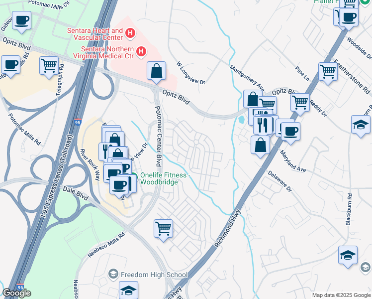 map of restaurants, bars, coffee shops, grocery stores, and more near 2102 Carthage Drive in Woodbridge