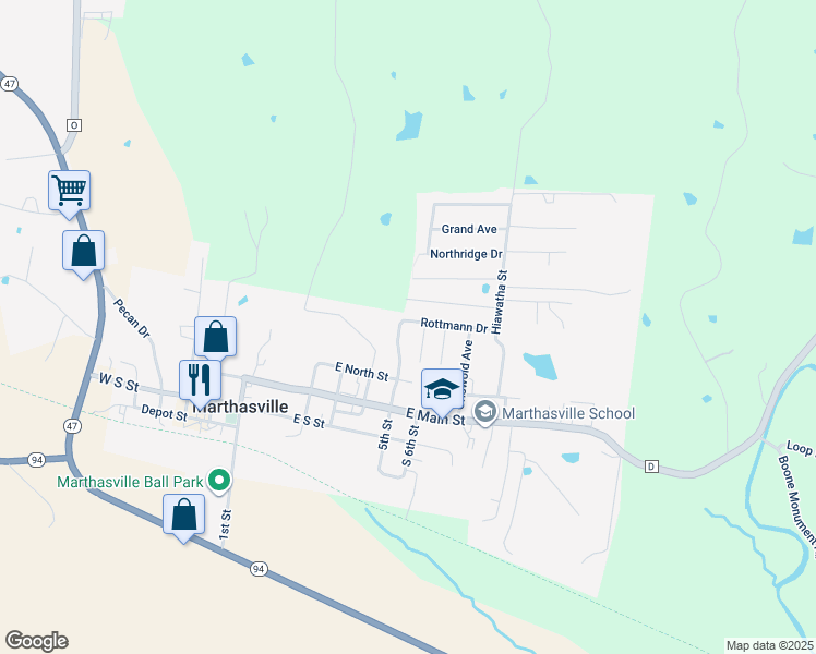map of restaurants, bars, coffee shops, grocery stores, and more near 123 Rottmann Drive in Marthasville