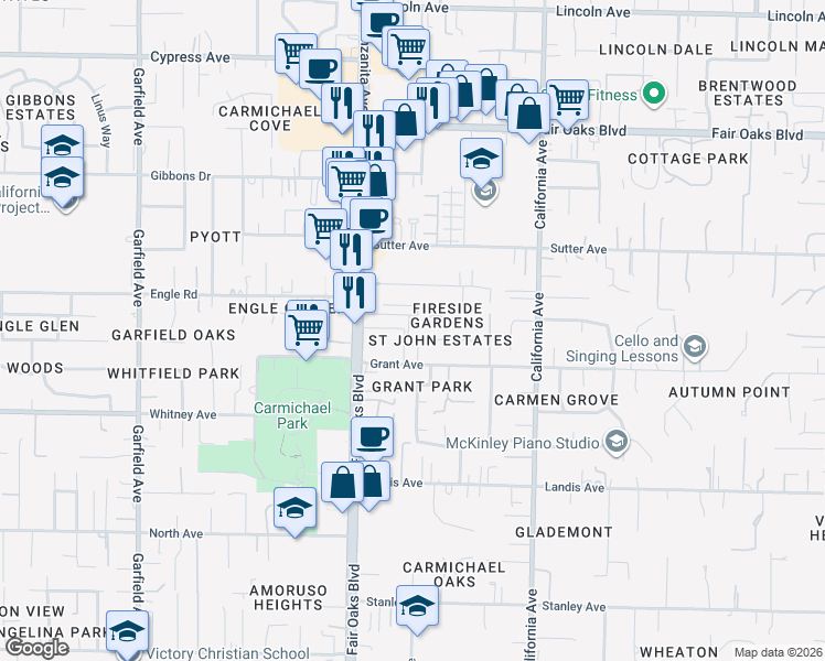 map of restaurants, bars, coffee shops, grocery stores, and more near 5935 Roswitha Way in Carmichael