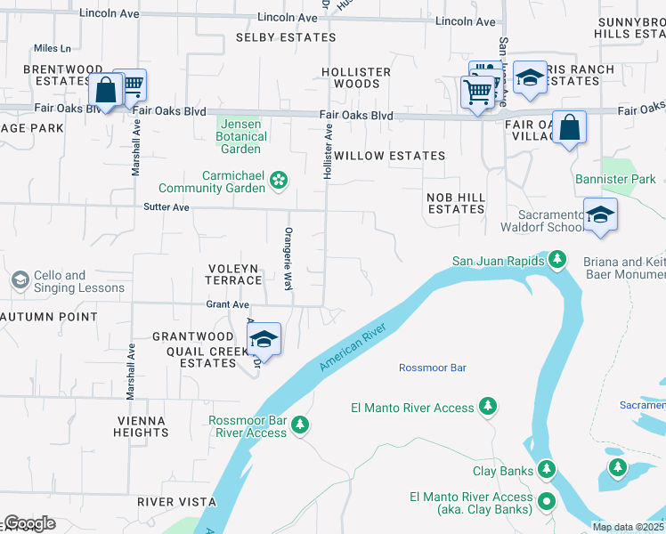 map of restaurants, bars, coffee shops, grocery stores, and more near 3647 Hollister Avenue in Carmichael