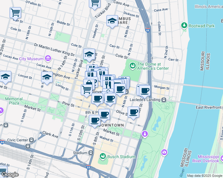 map of restaurants, bars, coffee shops, grocery stores, and more near 800 North 8th Street in St. Louis