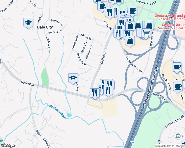 map of restaurants, bars, coffee shops, grocery stores, and more near 2981 Akron Street in Woodbridge