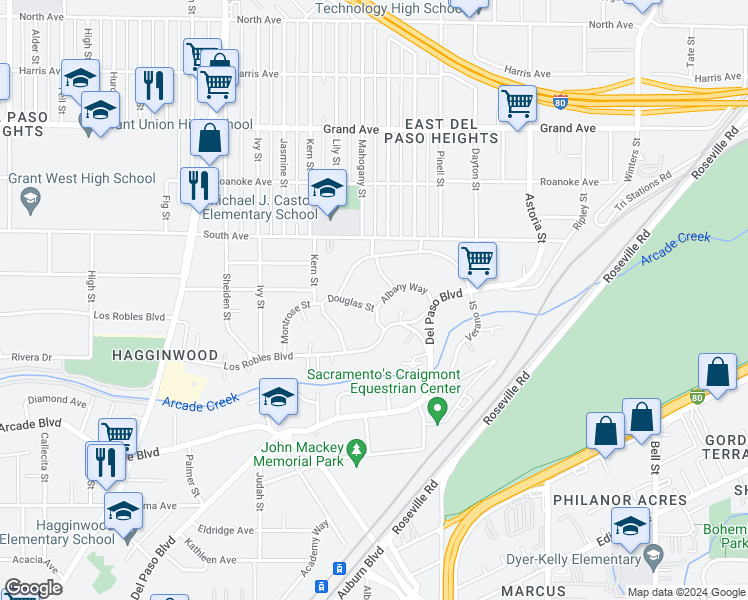 map of restaurants, bars, coffee shops, grocery stores, and more near 3321 Albany Way in Sacramento
