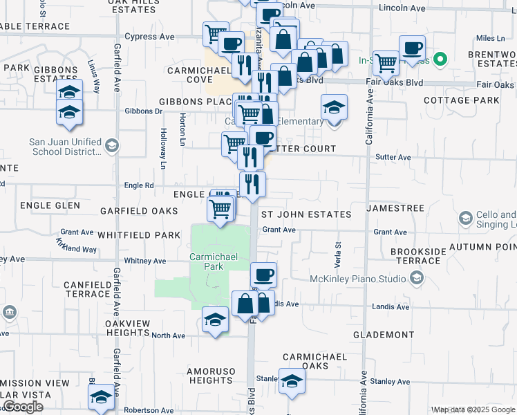 map of restaurants, bars, coffee shops, grocery stores, and more near 7144 Fair Oaks Boulevard in Carmichael