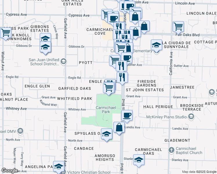 map of restaurants, bars, coffee shops, grocery stores, and more near 3632 Hallelujah Court in Carmichael