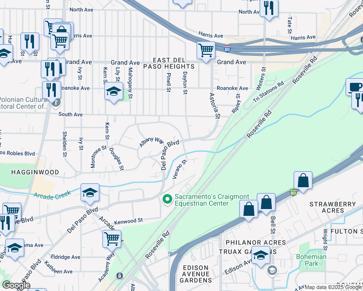 map of restaurants, bars, coffee shops, grocery stores, and more near 3541 Del Paso Boulevard in Sacramento