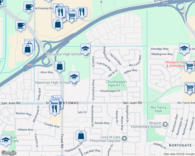 map of restaurants, bars, coffee shops, grocery stores, and more near 3477 Cattle Drive in Sacramento