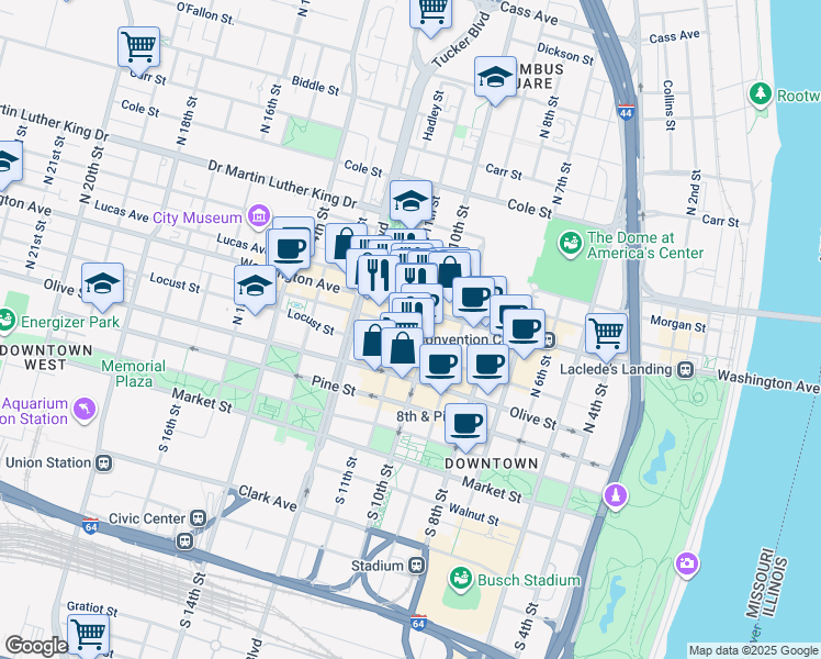 map of restaurants, bars, coffee shops, grocery stores, and more near 1000 Washington Avenue in St. Louis