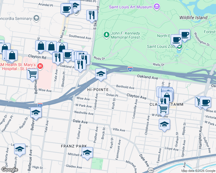 map of restaurants, bars, coffee shops, grocery stores, and more near 6730 Clayton Avenue in St. Louis