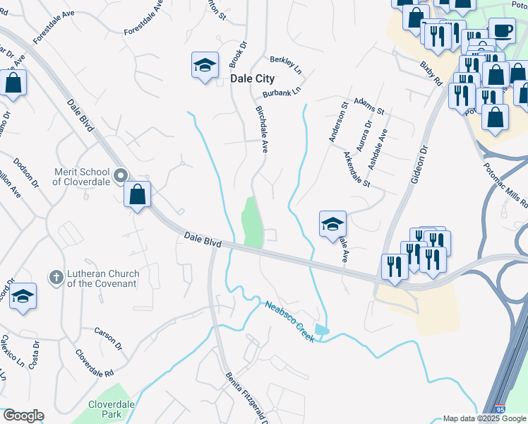 map of restaurants, bars, coffee shops, grocery stores, and more near 14729 Birchdale Avenue in Woodbridge