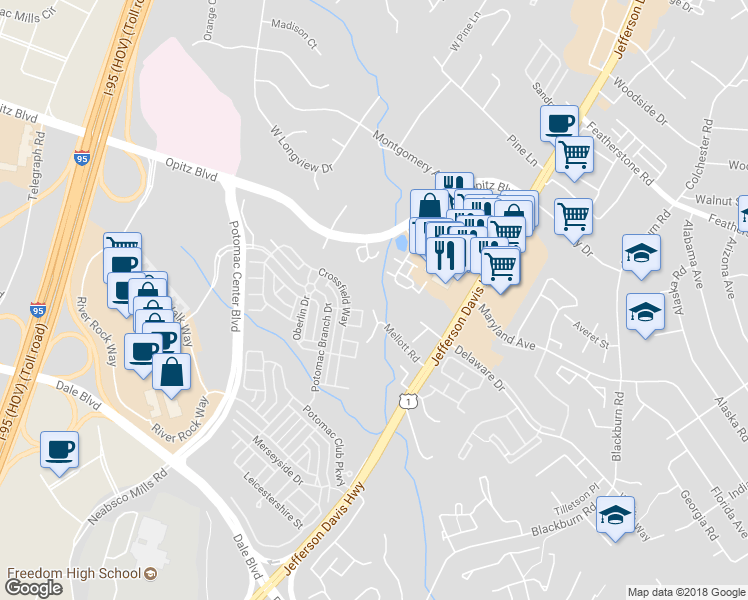 map of restaurants, bars, coffee shops, grocery stores, and more near 2001 Mellott Road in Woodbridge