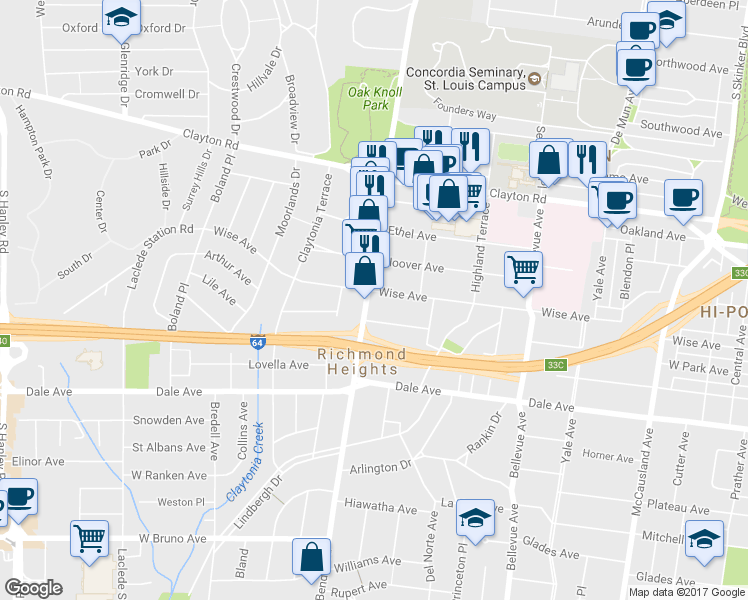 map of restaurants, bars, coffee shops, grocery stores, and more near 1200 S Big Bend Blvd in St Louis