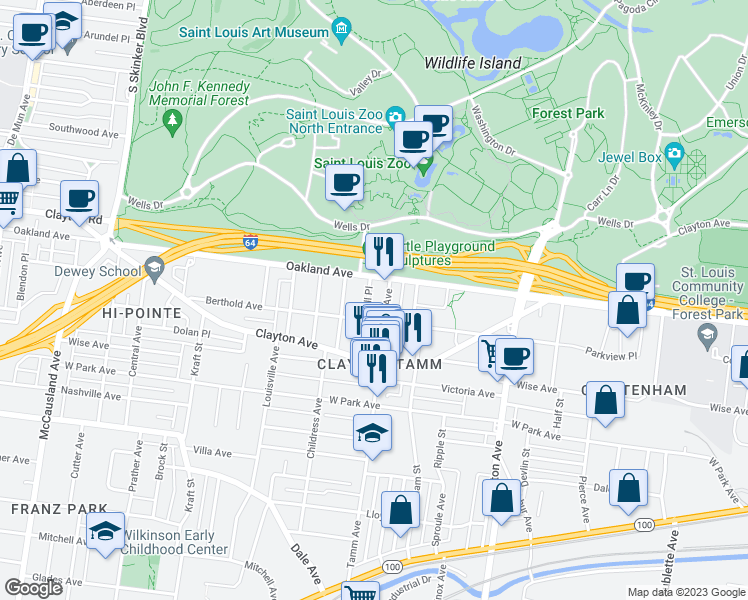 map of restaurants, bars, coffee shops, grocery stores, and more near 1024 Art Hill Place in St. Louis