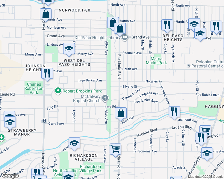 map of restaurants, bars, coffee shops, grocery stores, and more near 802 Silvano Street in Sacramento