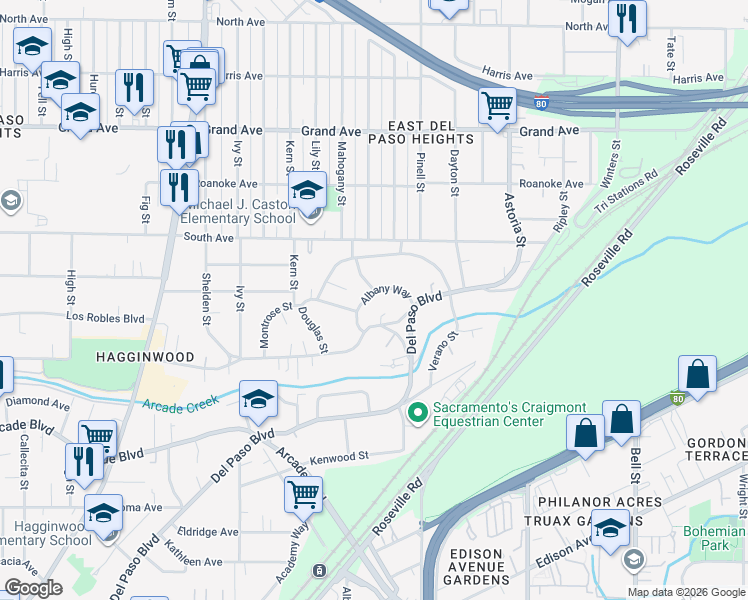 map of restaurants, bars, coffee shops, grocery stores, and more near 3320 Albany Way in Sacramento