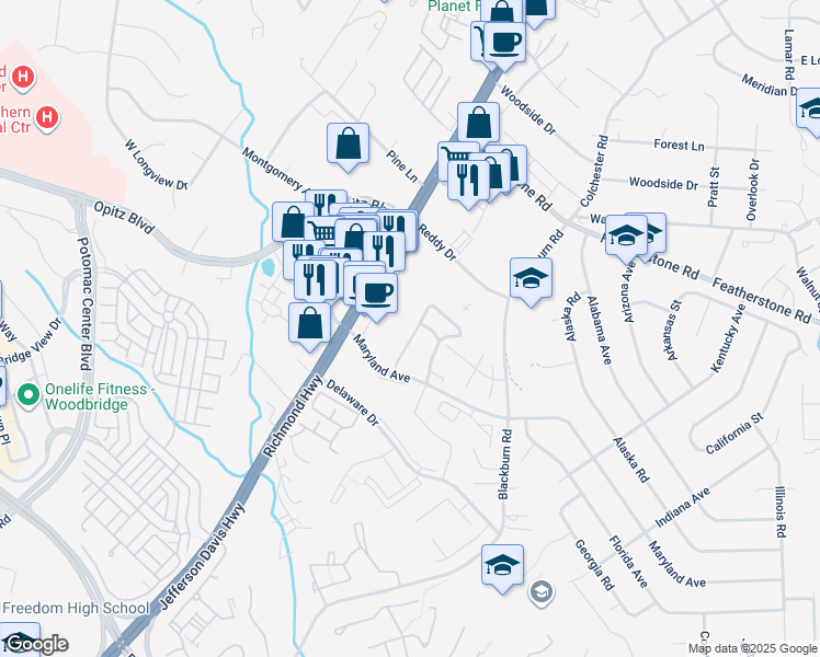 map of restaurants, bars, coffee shops, grocery stores, and more near 14759 Winding Loop in Woodbridge