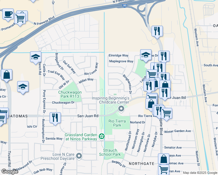 map of restaurants, bars, coffee shops, grocery stores, and more near 3477 Rancho Rio Way in Sacramento