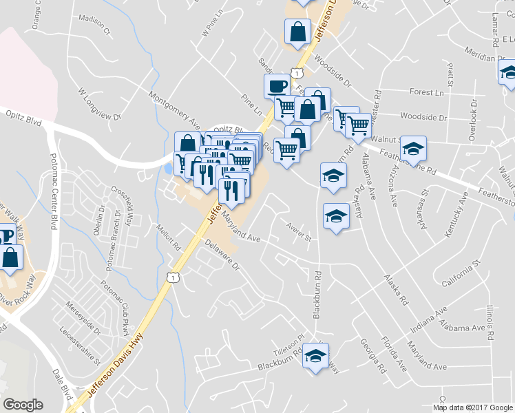 map of restaurants, bars, coffee shops, grocery stores, and more near 14759 Winding Loop in Woodbridge
