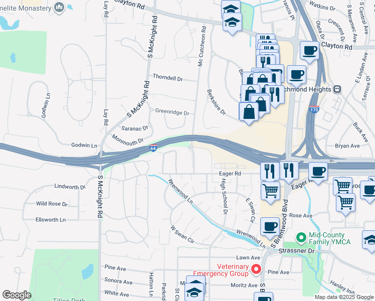map of restaurants, bars, coffee shops, grocery stores, and more near 1341 Mc Cutcheon Road in St. Louis