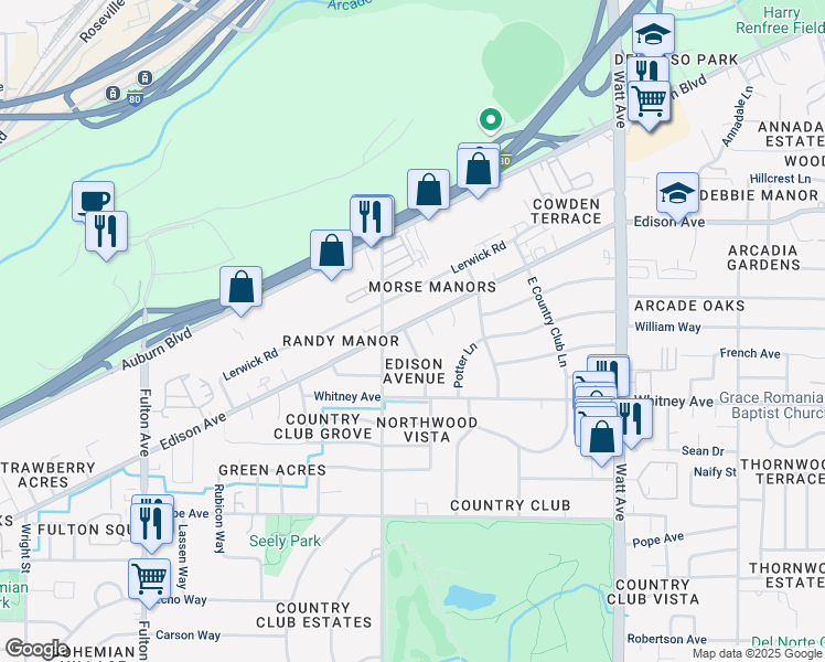 map of restaurants, bars, coffee shops, grocery stores, and more near 3542 Leatha Way in Sacramento