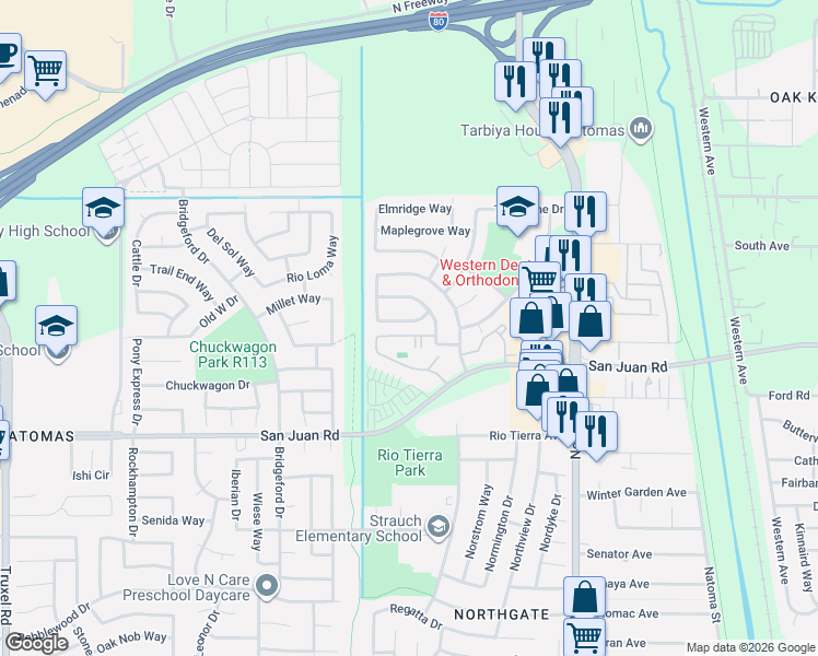 map of restaurants, bars, coffee shops, grocery stores, and more near 3441 Rancho Rio Way in Sacramento