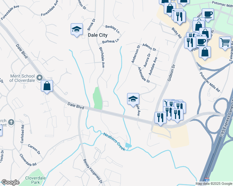 map of restaurants, bars, coffee shops, grocery stores, and more near 14843 Anderson Court in Woodbridge
